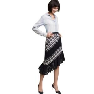 Eva Franco Anthropologie Asymmetrical Flamenco Midi Skirt Navy White, size 8